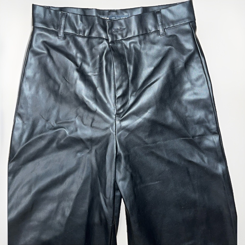 Zara Black Leather High Rise Straight Leg Pants Size S